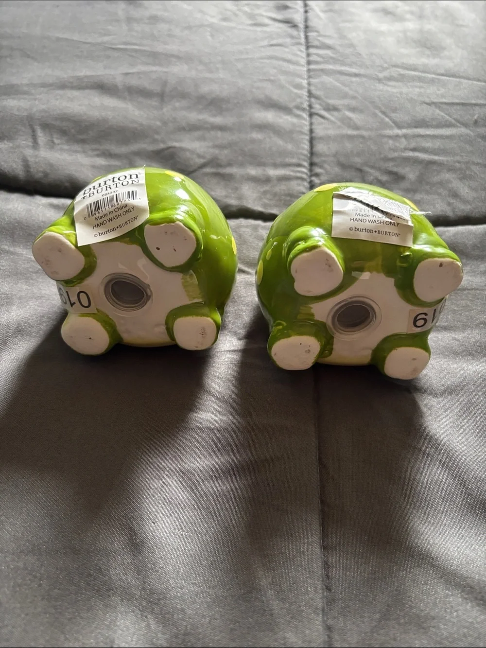 Burton Green and Yellow Ceramic Frog Salt and Pepper Shakers
